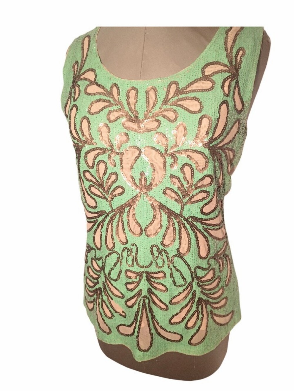 Verty Sequenced Designer Sleeveless Top Semi Sheer Back Mob Mom Elegant Upscale